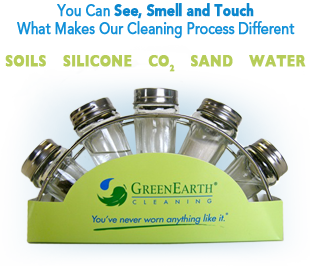 GreenEarth's cleaning process uses water, sand, carbon dioxide, silicone and soils.